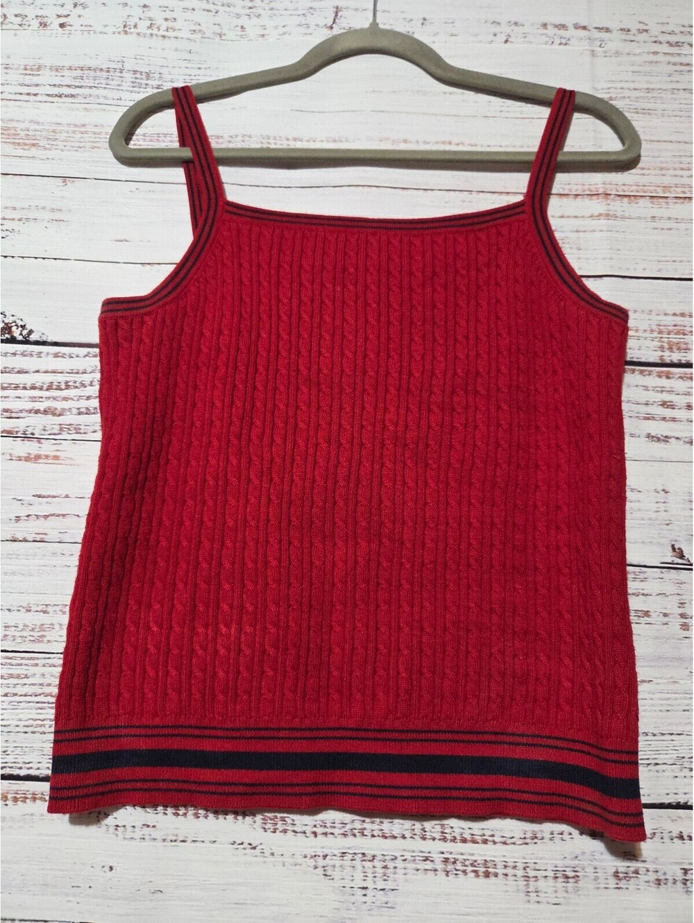 Lauren Ralph Lauren Medium Red Cable Knit Tank Top with Navy Stripes Casual